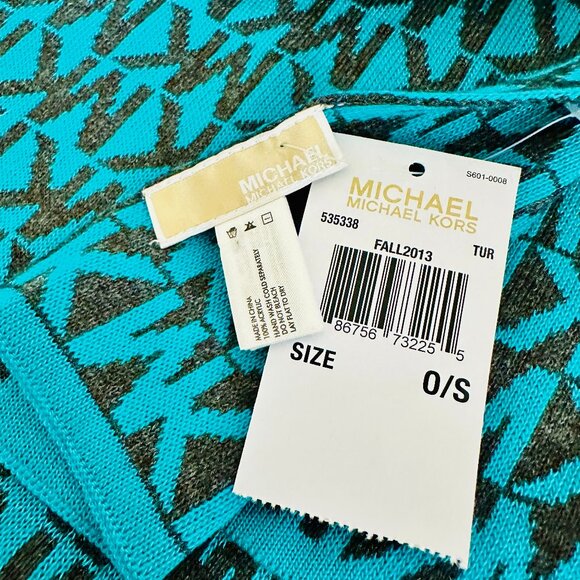 MICHAEL KORS MK SIGNATURE LOGO 100% ACRYLIC KNIT SCARF GREEN BLACK 66X9.5 - Picture 6 of 6